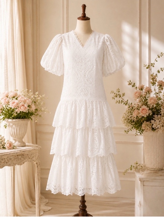 FARM Rio Dresses & Skirts - Farm Rio White Eyelet Puff Sleeve Tiered Cotton Midi Dress Sz-L